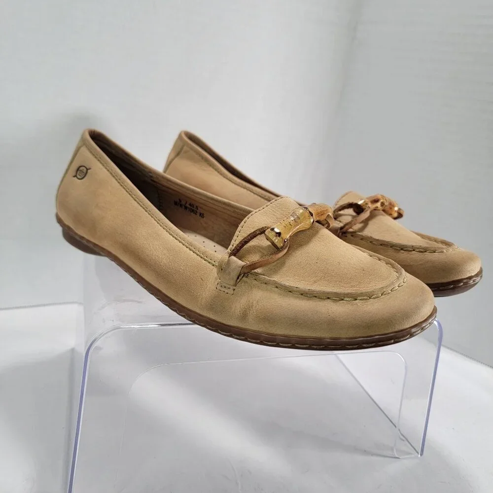 Born Womens Beige Leather Bamboo Bit Loafers Size 9 Coastal Grandma Driving Shoe